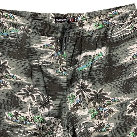 Quiksilver Elastic Waist Board Shorts L Grey Hawaiian Floral Pockets Drawstring - Picture 2 of 5